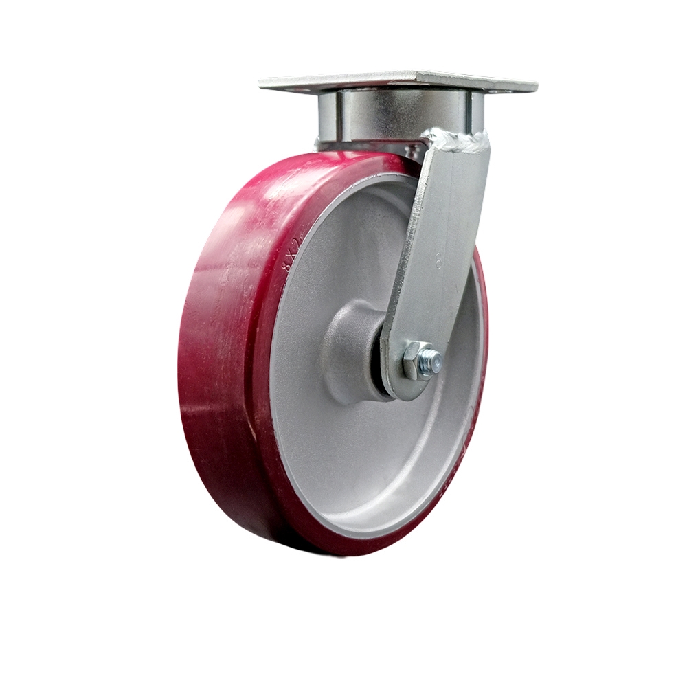 Heavy Duty Kingpinless Swivel Top Plate Caster with 8 in. Polyurethane on Aluminum Wheel & Ball Bearings - 1250 lbs Capacity per Caster