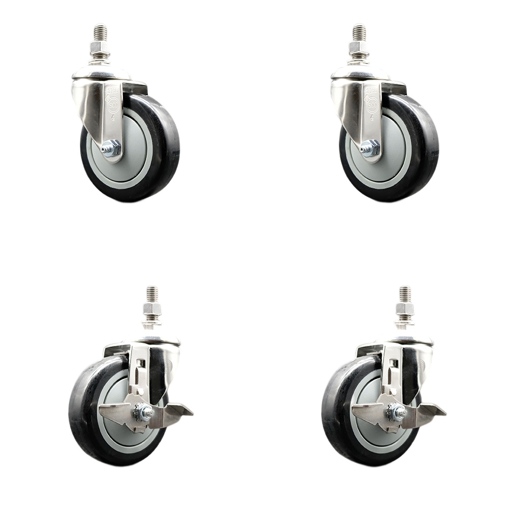 Poly Swivel Stem Caster with 4 in. Black Caster Wheels, 0.5 in. Threaded Stems - 316 Stainless Steel Casters - Set of 4