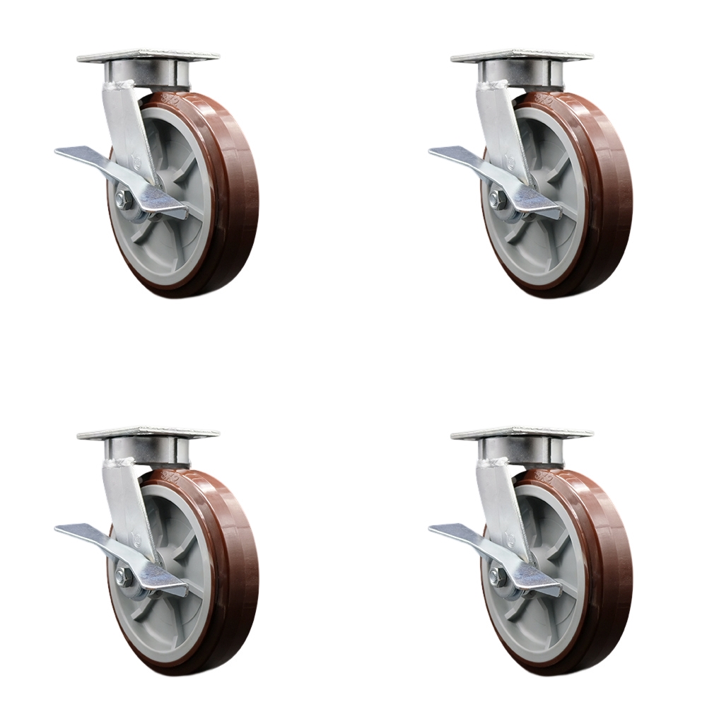 SCC-KP30S820-PPUB-SLB-4 Heavy Duty Kingpinless Swivel Caster with 8 in. Polyurethane Wheels & Ball Bearings - 4000 lbs Total Capacity - Set of 4
