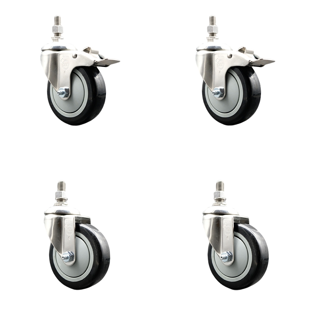 Poly Swivel Stem Caster with 4 in. Black Caster Wheels, 0.5 in. Threaded Stems - 316 Stainless Steel Casters - Set of 4