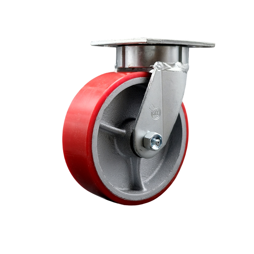 Heavy Duty Kingpinless Swivel Top Plate Caster with 6 in. Red Polyurethane on Cast Iron Wheel & Ball Bearings - 1200 lbs Capacity per Caster