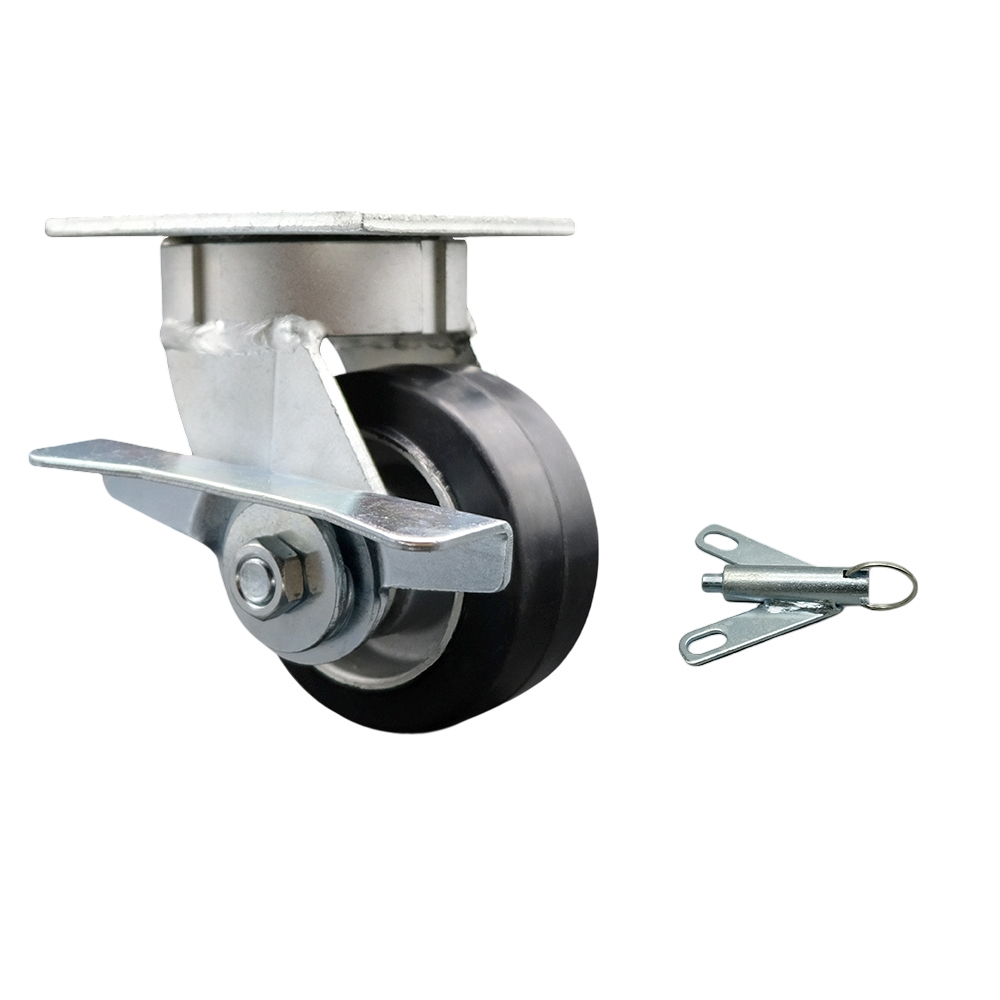 Heavy Duty Kingpinless Swivel Top Plate Caster with Side Lock Brake & Bolt on Swivel Lock & 4 in. Rubber on Aluminum Wheel with Ball Bearings