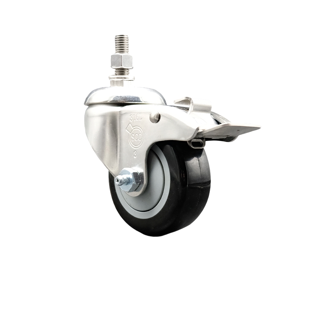 Polyurethane Swivel Stem Caster with 3.5 in. Black Caster Wheels & Total Lock Brake, 0.38 in. Threaded Stem - 316 Stainless Steel Caster