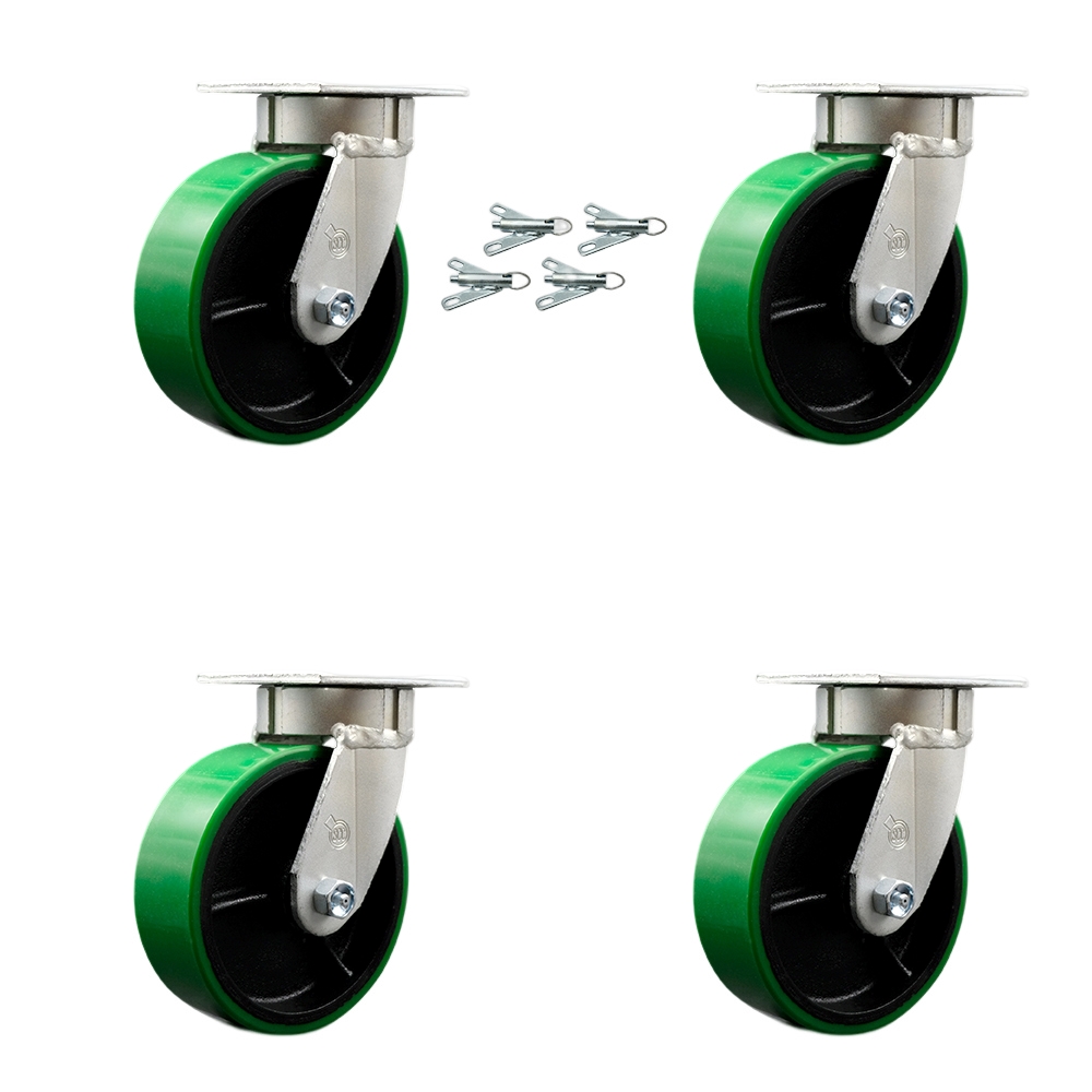 Heavy Duty Kingpinless Swivel Caster with 6 in. Green Poly on Cast Iron Wheels & Ball Bearings - 4800 lbs Total Capacity - Set of 4