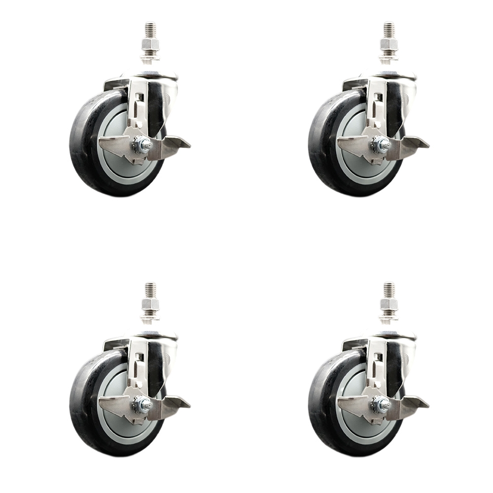 Polyurethane Swivel Stem Caster with 4 in. Black Caster Wheels, 0.38 in. Threaded Stems - 316 Stainless Steel Casters - Set of 4