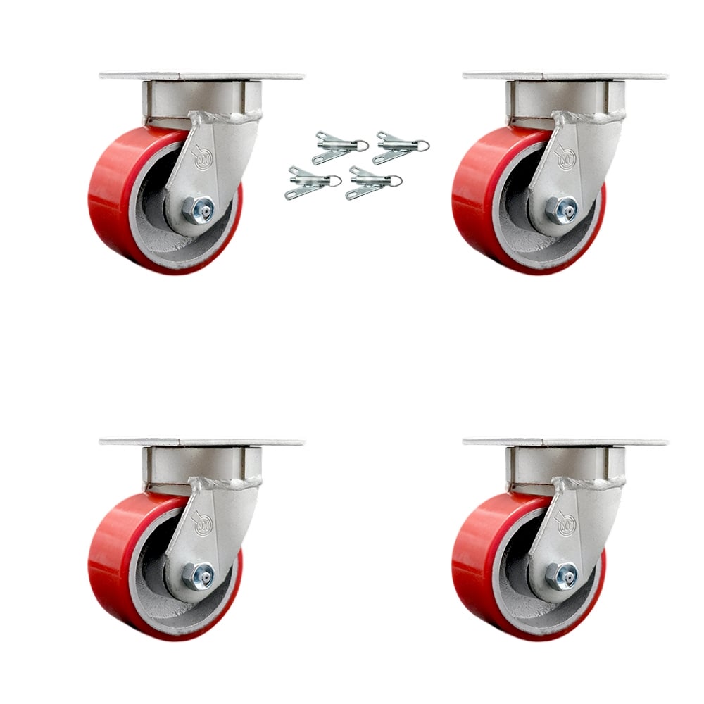 Heavy Duty Kingpinless Swivel Caster with 4 in. Red Poly on Cast Iron Wheels & Ball Bearings - 2800 lbs Total Capacity - Set of 4