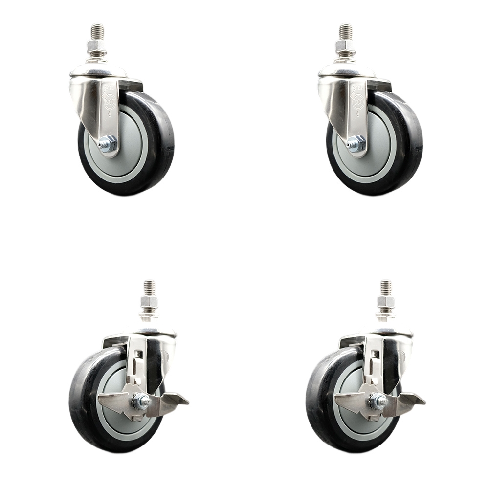 Poly Swivel Stem Caster with 4 in. Black Caster Wheels, 0.38 in. Threaded Stems - 316 Stainless Steel Casters - Set of 4