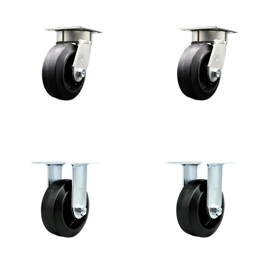 Heavy Duty Kingpinless Swivel Caster with 5 in. Rubber on Cast Iron Wheels & Ball Bearings - 1600 lbs Total Capacity - Set of 4