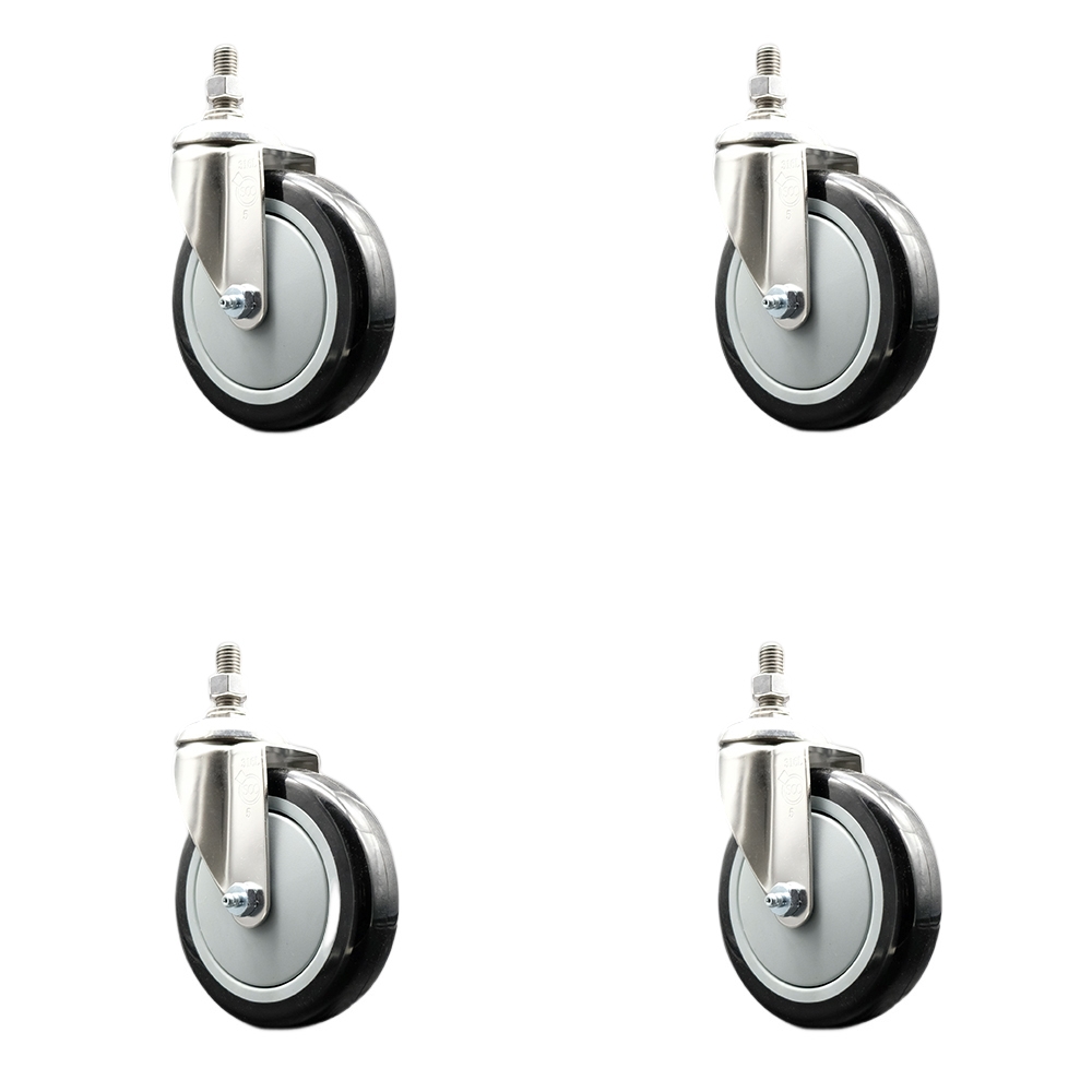 Polyurethane Swivel Stem Caster with 5 in. Black Caster Wheels, 0.38 in. Threaded Stems - 316 Stainless Steel Casters - Set of 4