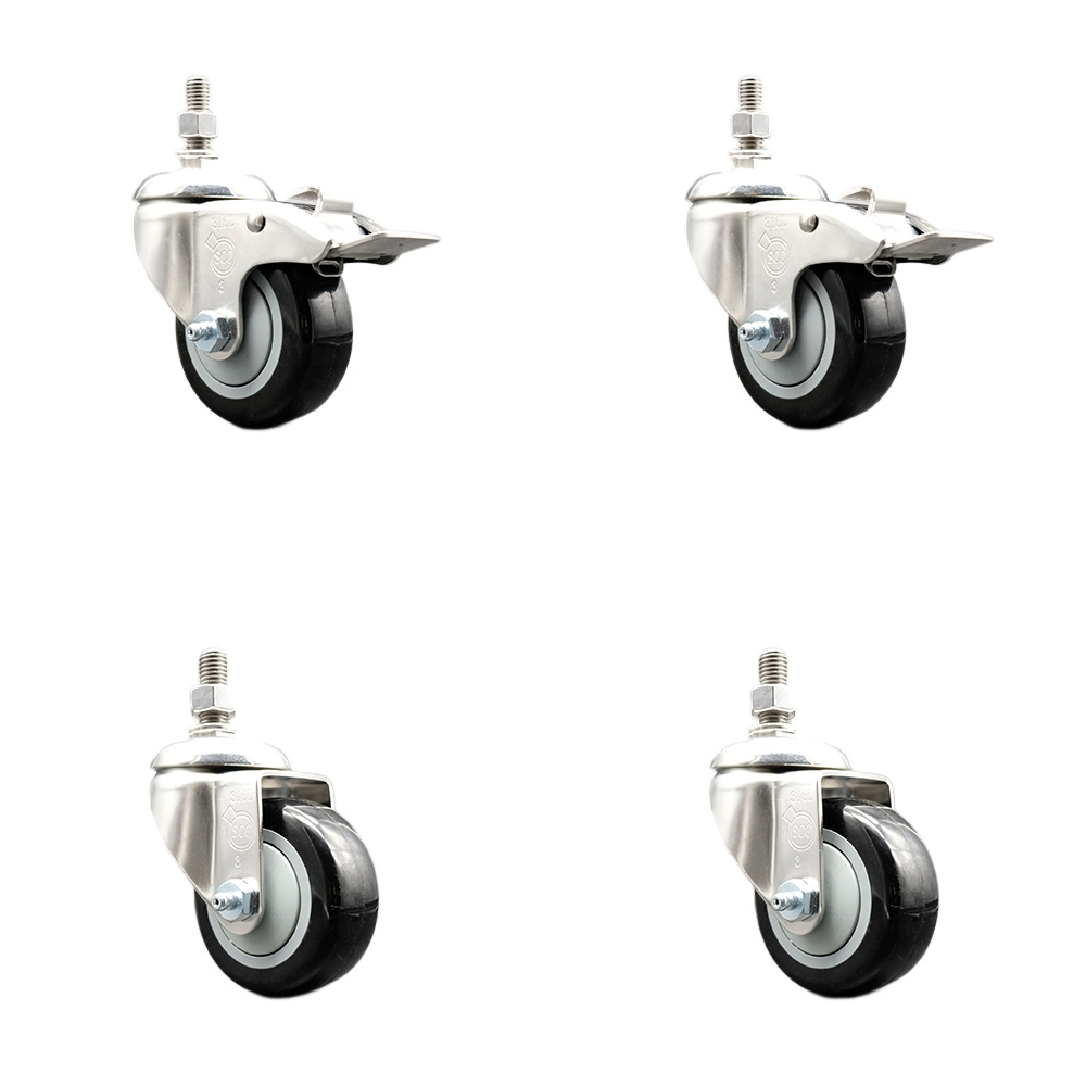 Poly Swivel Stem Caster with 3.5 in. Black Caster Wheels, 12 mm Threaded Stem - 316 Stainless Steel Caster - Set of 4