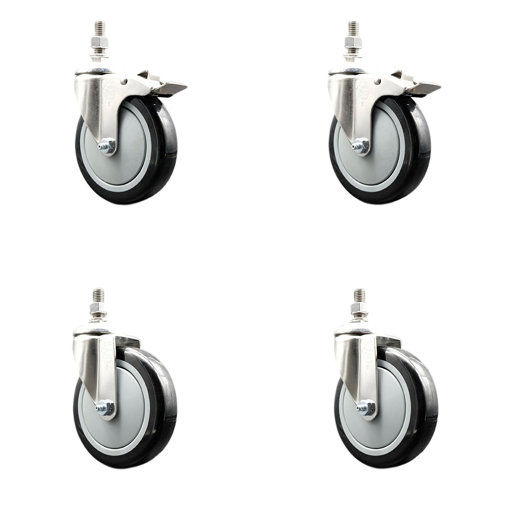 Poly Swivel Stem Caster with 5 in. Black Caster Wheels, 12 mm Threaded Stems - 316 Stainless Steel Casters - Set of 4