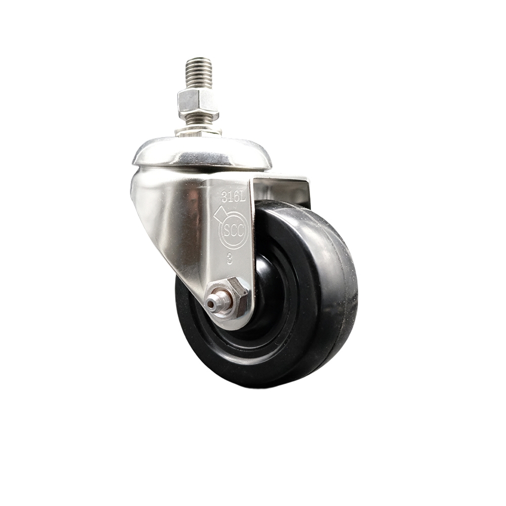 Hard Rubber Swivel Stem Caster with 3.5 in. Black Caster Wheels, 0.5 in. Threaded Stem - 316 Stainless Steel Casters
