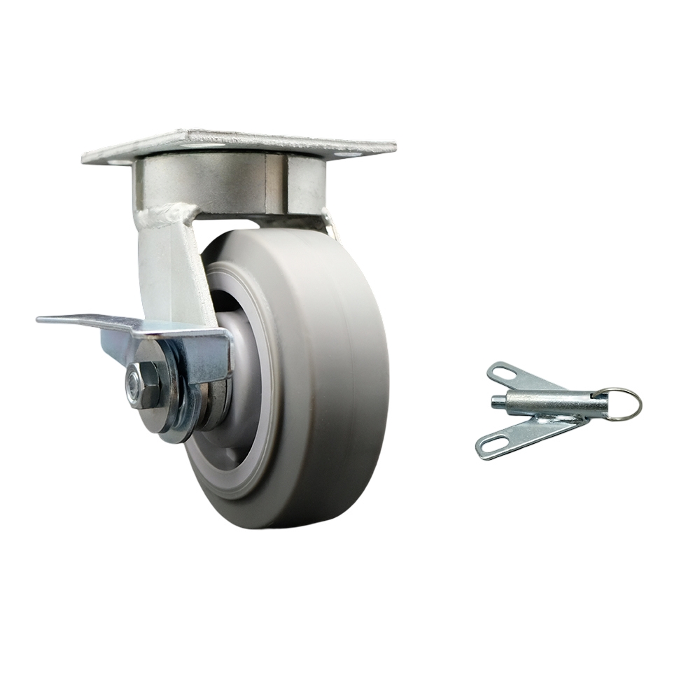 Heavy Duty Kingpinless Swivel Top Plate Caster with Side Lock Brake & Swivel Lock & 5 in. Thermoplastic Rubber Flat Tread Wheel with Ball Bearings