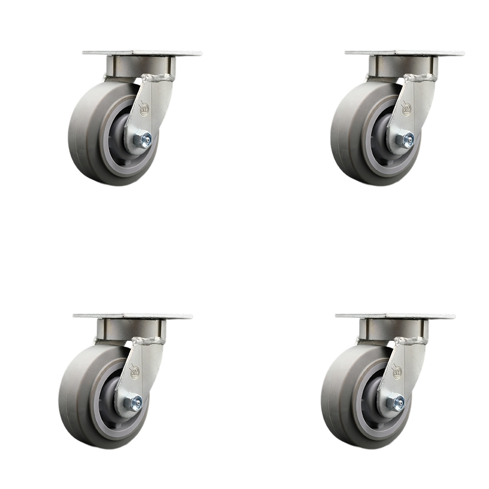 Heavy Duty Kingpinless Swivel Caster with 5 in. Thermoplastic Rubber Flat Tread Wheels & Ball Bearings - 1400 lbs Total Capacity - Set of 4