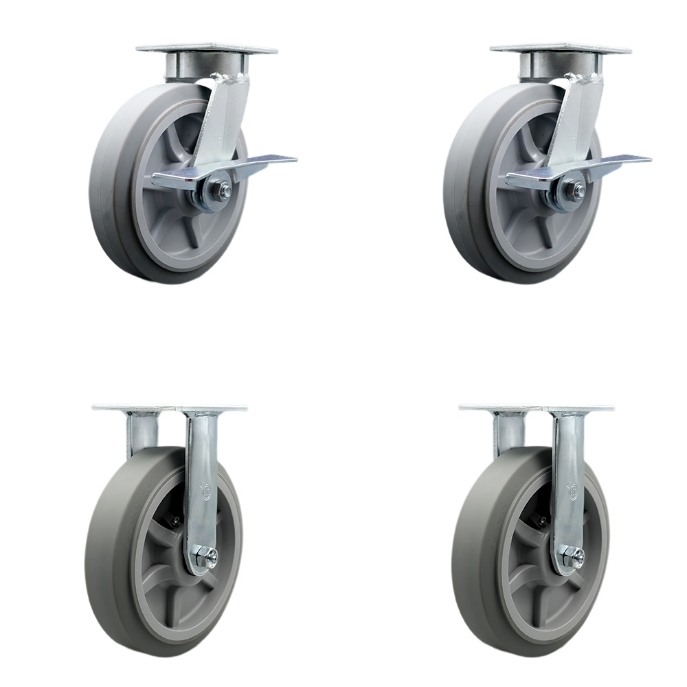Heavy Duty Kingpinless Swivel Caster with 8 in. Thermoplastic Rubber Flat Tread Wheels & Ball Bearings - 2400 lbs Total Capacity - Set of 4