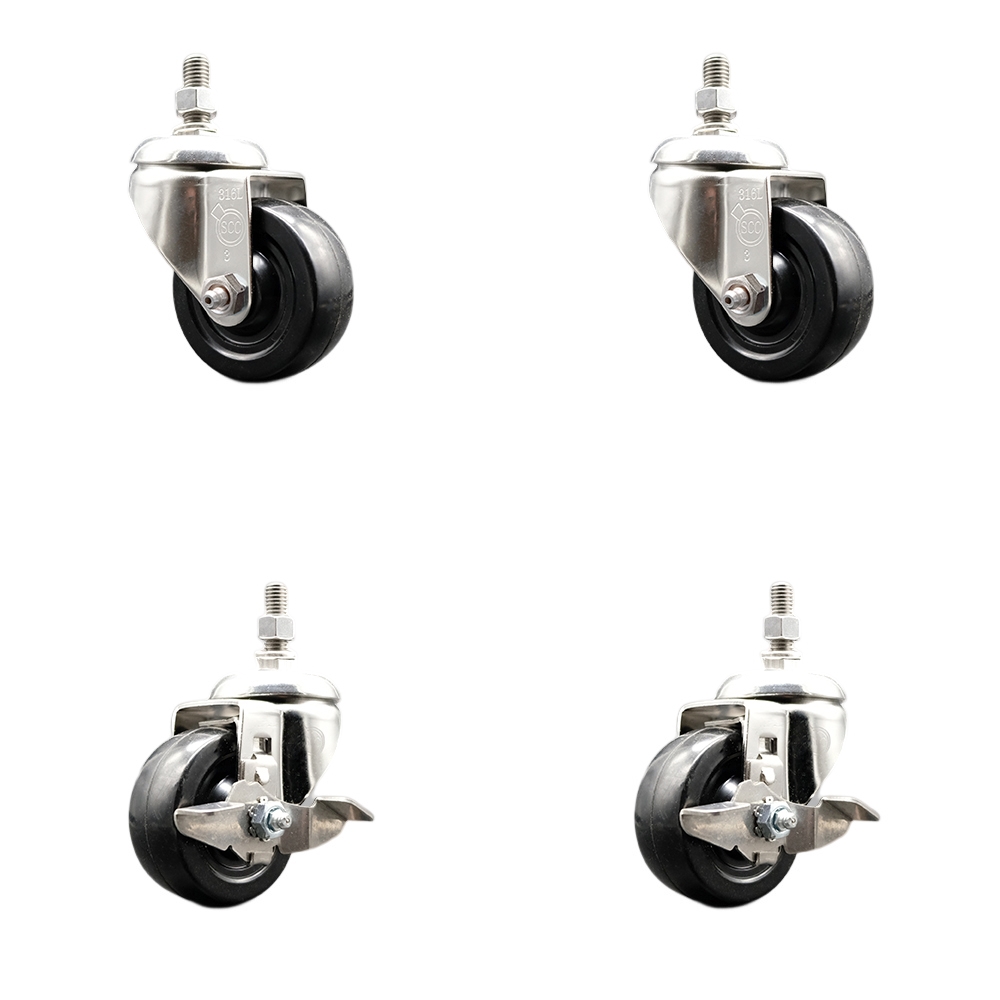 Hard Rubber Swivel Stem Caster with 3 in. Caster Wheels, 0.38 in. Threaded Stems - 316 Stainless Steel Casters - Set of 4