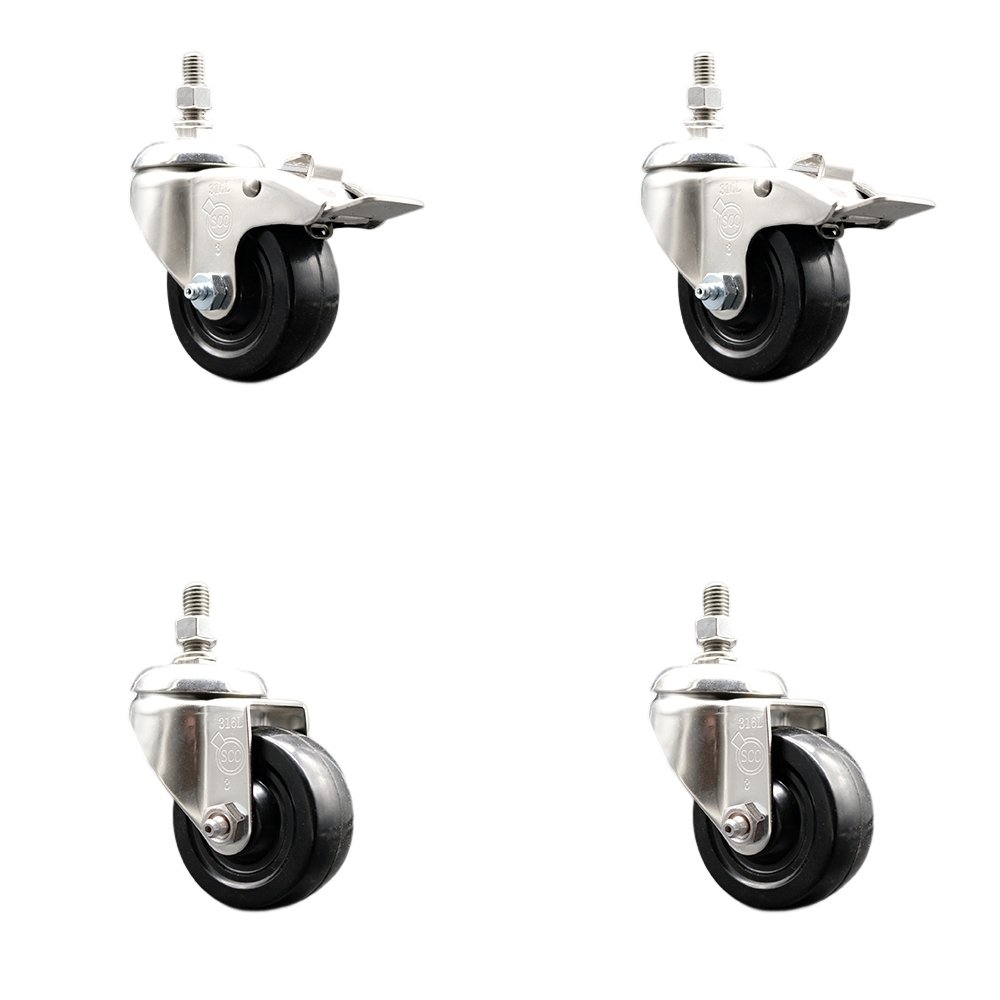 Hard Rubber Swivel Stem Caster with 3.5 in. Caster Wheels, 0.38 in. Threaded Stems - 316 Stainless Steel Casters - Set of 4