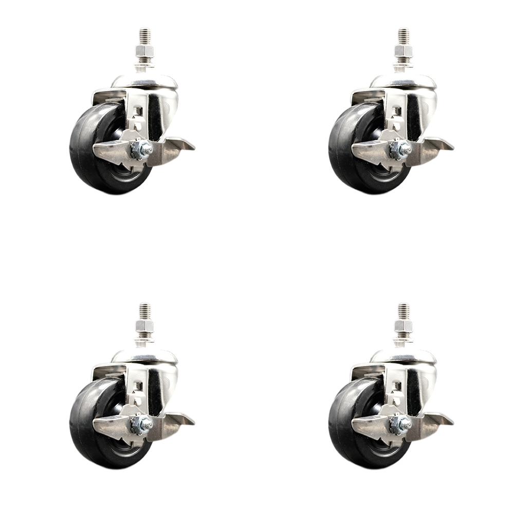 Hard Rubber Swivel Stem Caster with 3.5 in. Caster Wheels, 10 mm Threaded Stems - 316 Stainless Steel Casters - Set of 4