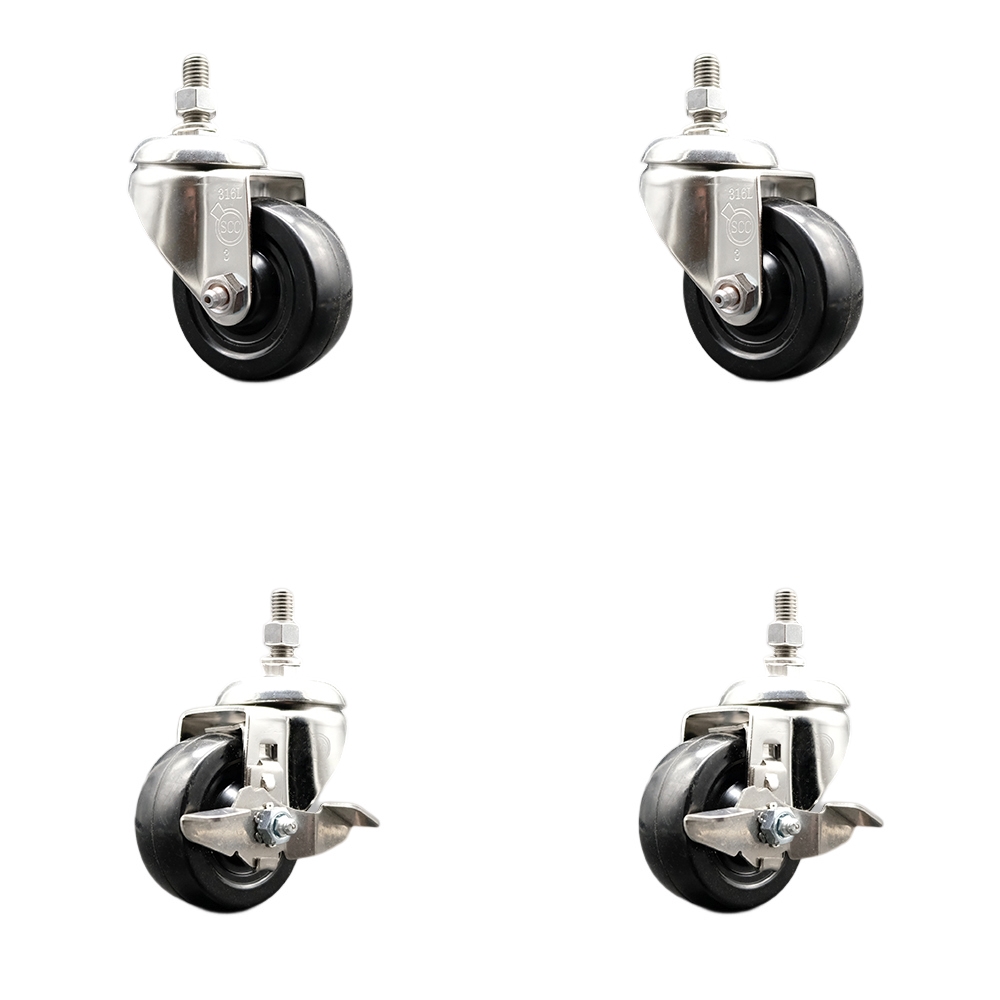 Hard Rubber Swivel Stem Caster with 3.5 in. Caster Wheels, 10 mm Threaded Stems - 316 Stainless Steel Casters - Set of 4