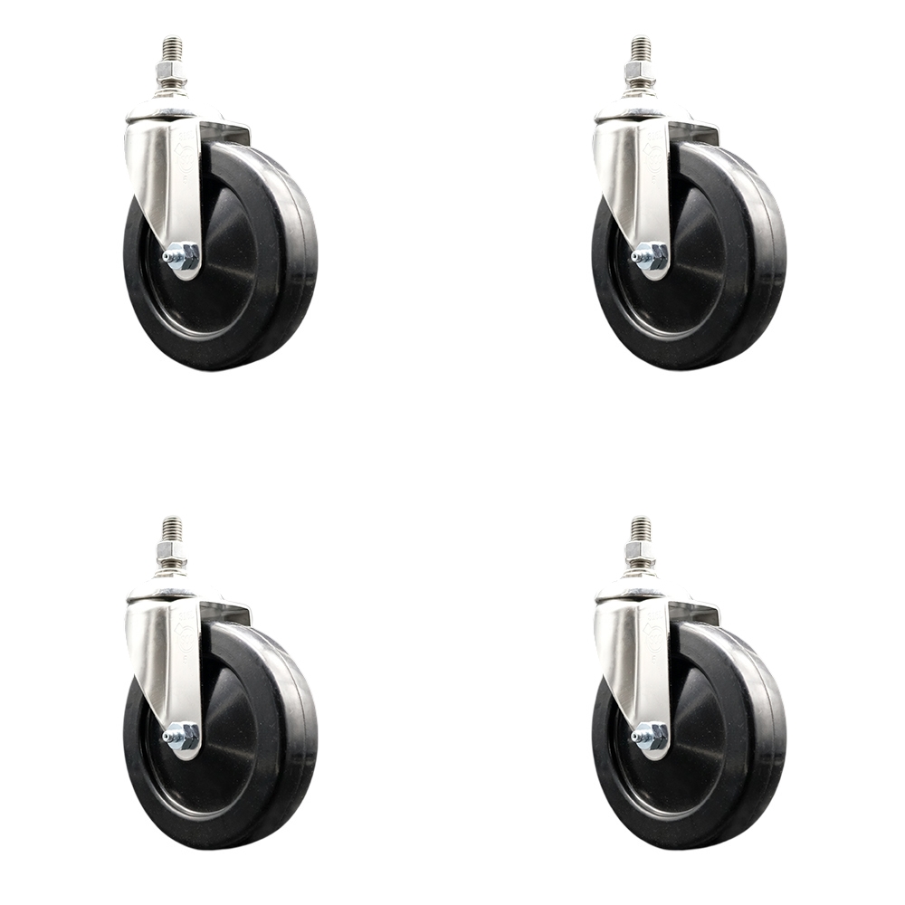 Hard Rubber Swivel Stem Caster with 5 in. Caster Wheels, 10 mm Threaded Stems - 316 Stainless Steel Casters - Set of 4