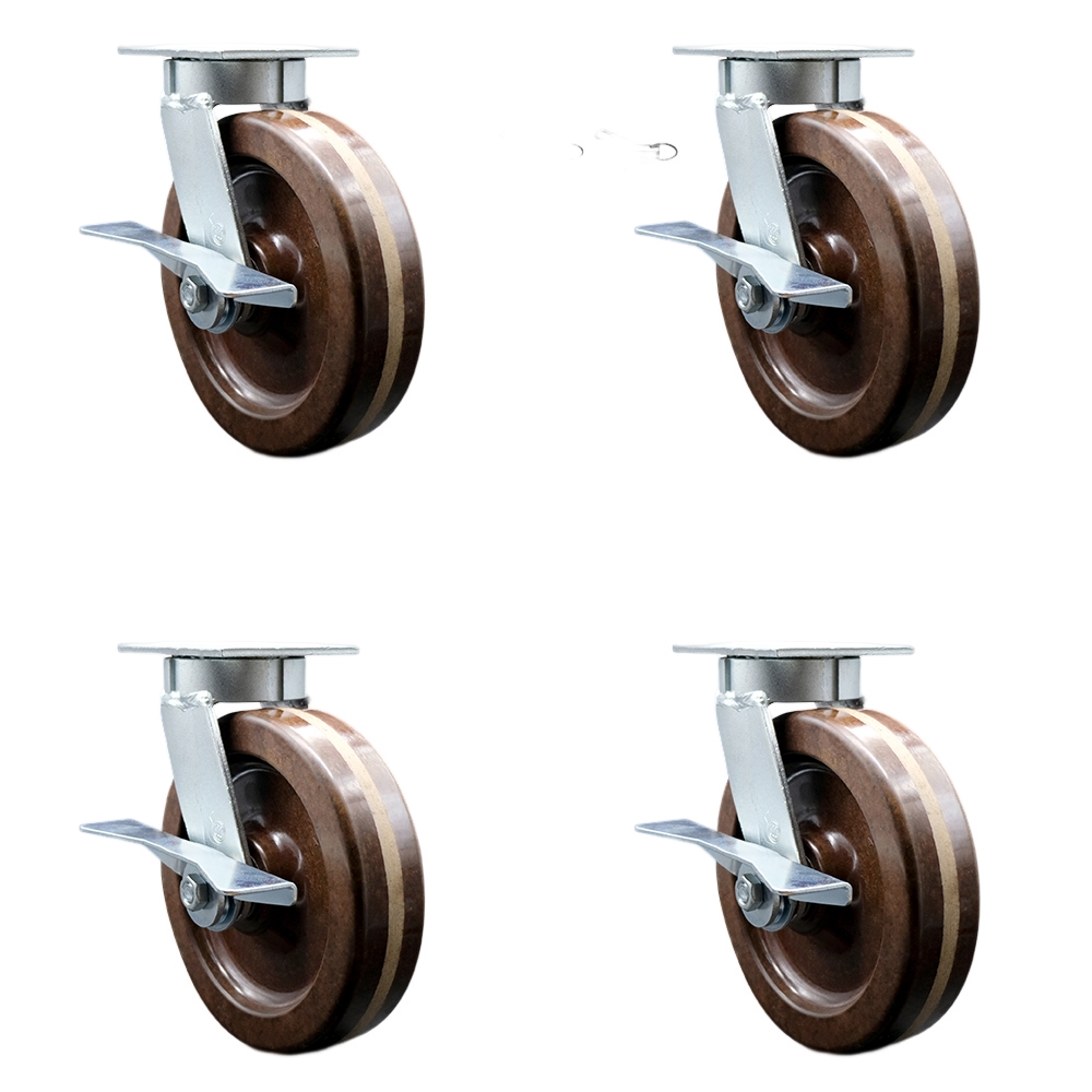 Heavy Duty Kingpinless Swivel Caster with 8 in. High Temperature Phenolic Wheels & Bronze Bearings - Set of 4