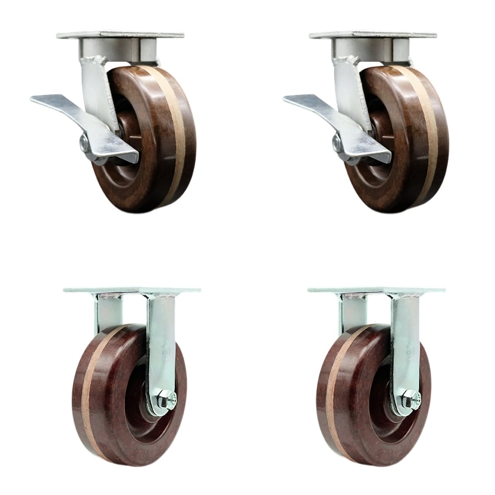 Heavy Duty Kingpinless Swivel Caster with 6 in. High Temperature Phenolic Wheels & Bronze Bearings - 4800 lbs Total Capacity - Set of 4