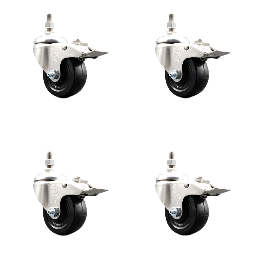 Hard Rubber Swivel Stem Caster with 3.5 in. Caster Wheels, 10 mm Threaded Stems - 316 Stainless Steel Casters - Set of 4