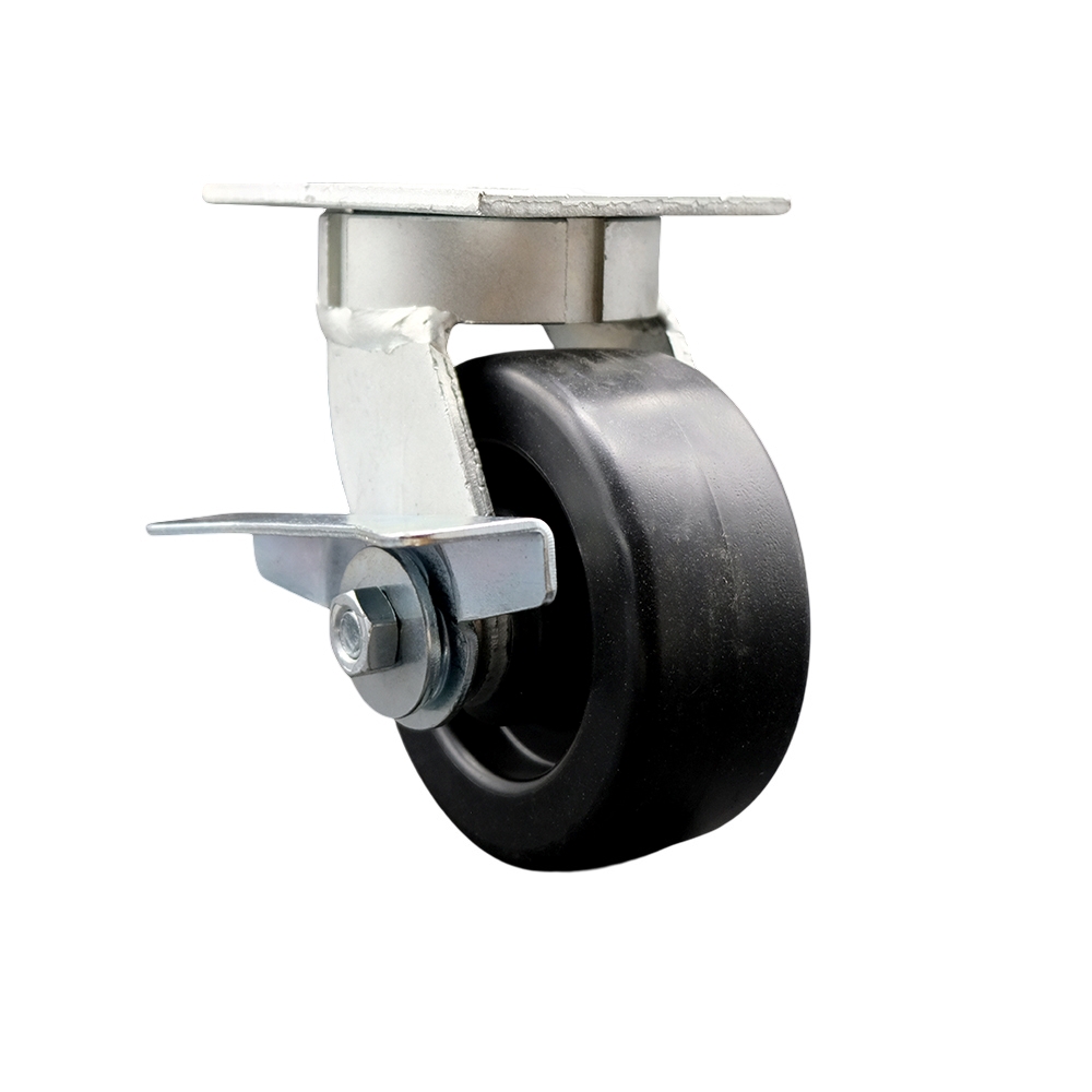 Heavy Duty Kingpinless Swivel Top Plate Caster with Side Lock Brake & 5 in. Polyolefin Wheel with Ball Bearings - 650 lbs Capacity per Caster