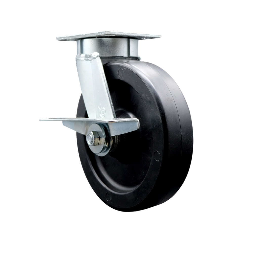Heavy Duty Kingpinless Swivel Top Plate Caster with Side Lock Brake & 8 in. Polyolefin Wheel with Ball Bearings - 900 lbs Capacity per Caster