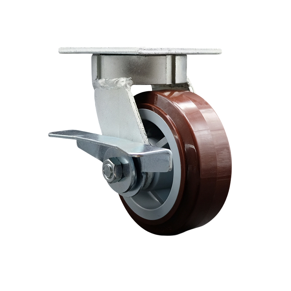 Heavy Duty Kingpinless Swivel Top Plate Caster with Side Lock Brake & 5 in. Polyurethane Wheel with Ball Bearings - 750 lbs Capacity per Caster