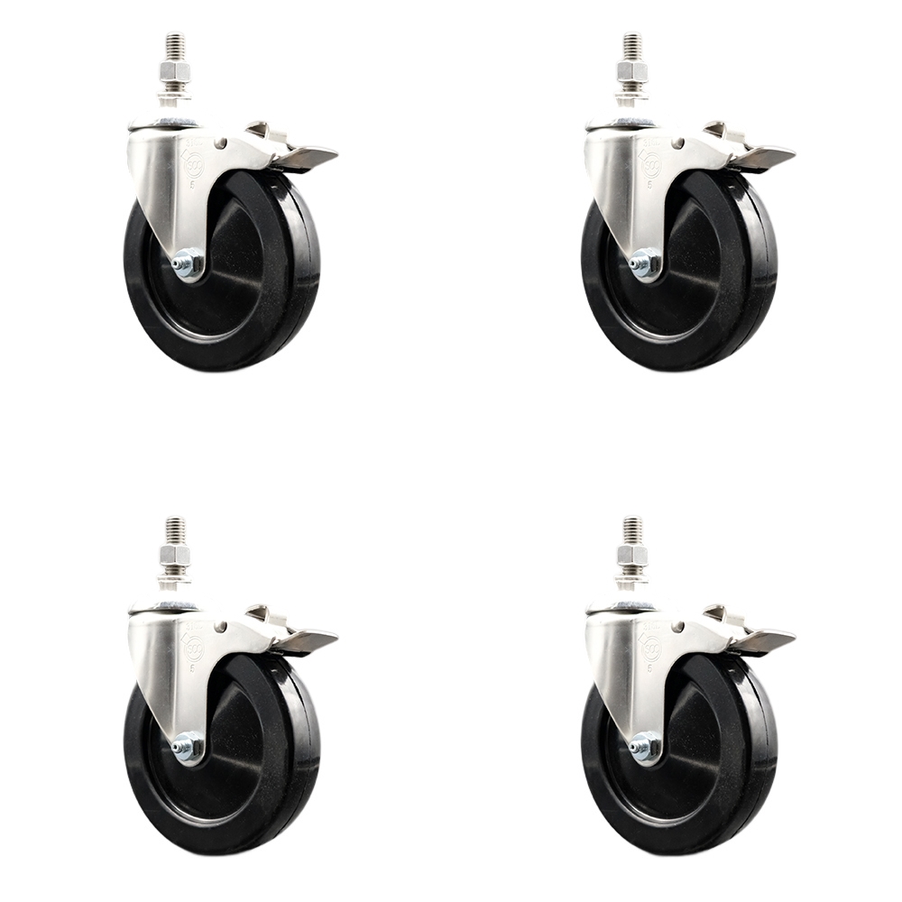 Hard Rubber Swivel Stem Caster with 5 in. Caster Wheels, 12 mm Threaded Stems - 316 Stainless Steel Casters - Set of 4