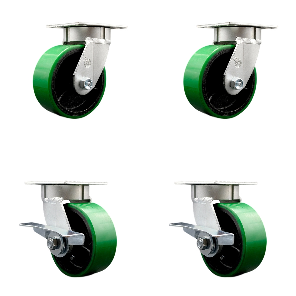 Heavy Duty Kingpinless Swivel Caster with 5 in. Green Poly on Cast Iron Wheels & Ball Bearings - 4000 lbs Total Capacity - Set of 4