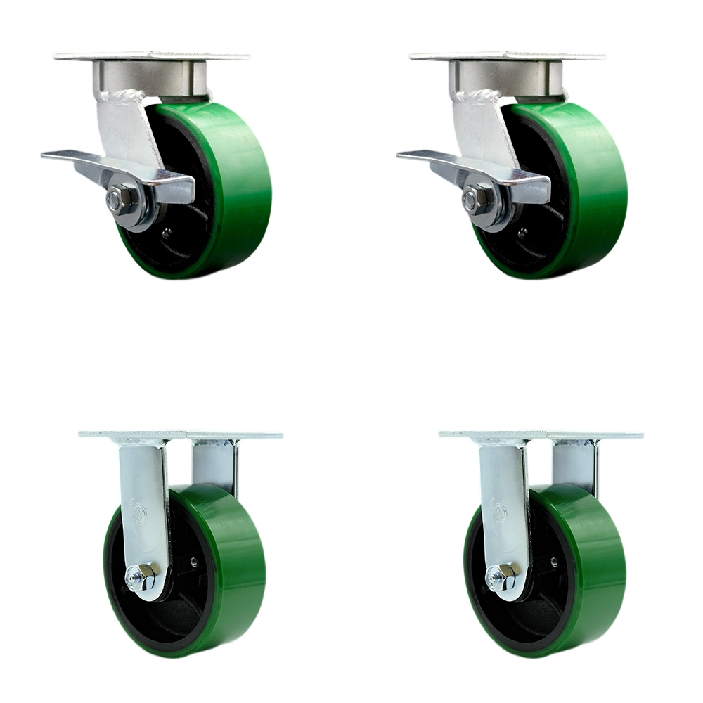 Heavy Duty Kingpinless Swivel Caster with 5 in. Green Poly on Cast Iron Wheels & Ball Bearings - 4000 lbs Total Capacity - Set of 4