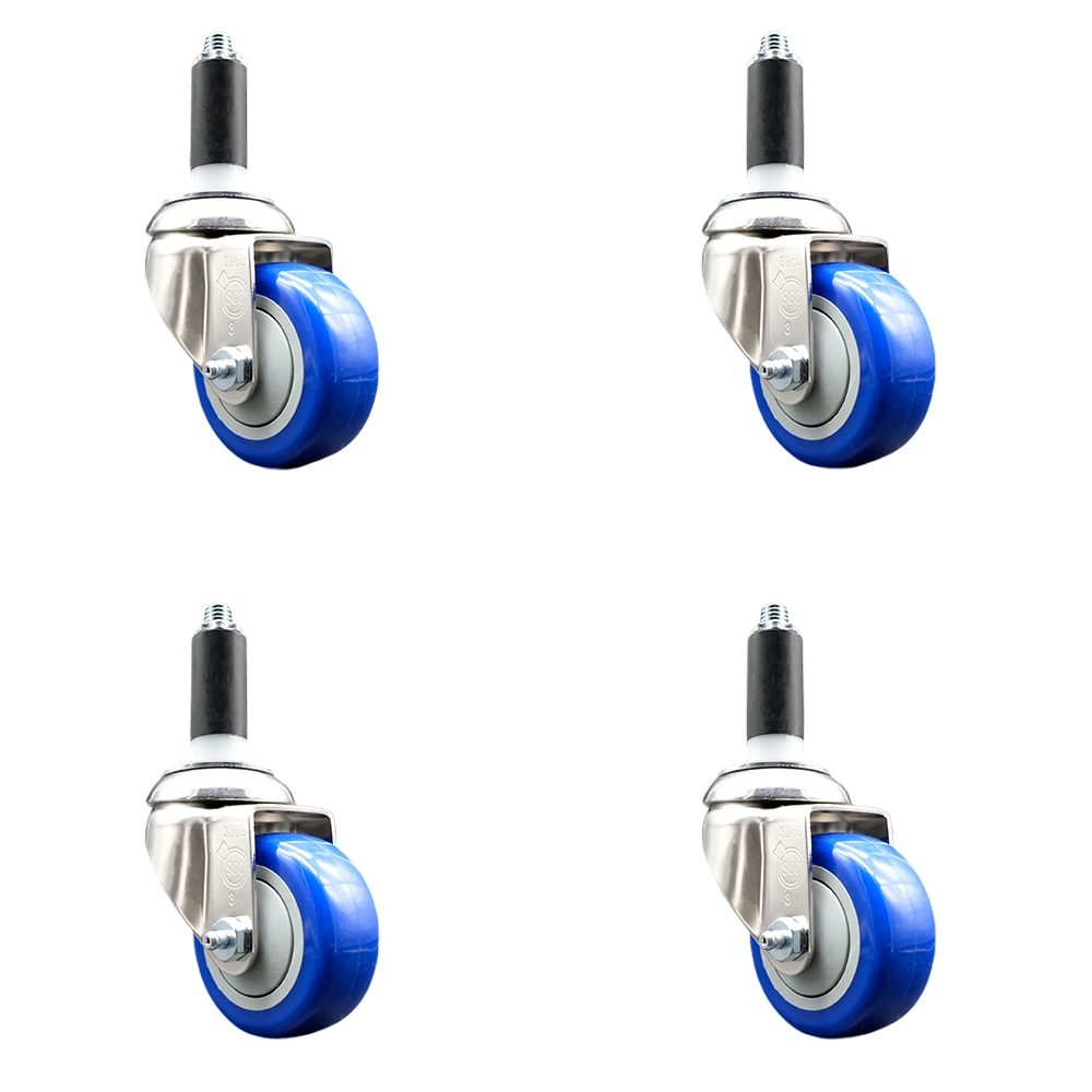 Polyurethane Swivel Stem Caster with 3 in. Blue Caster Wheels, 1.13 in. Expanding Stems - 316 Stainless Steel Casters - Set of 4