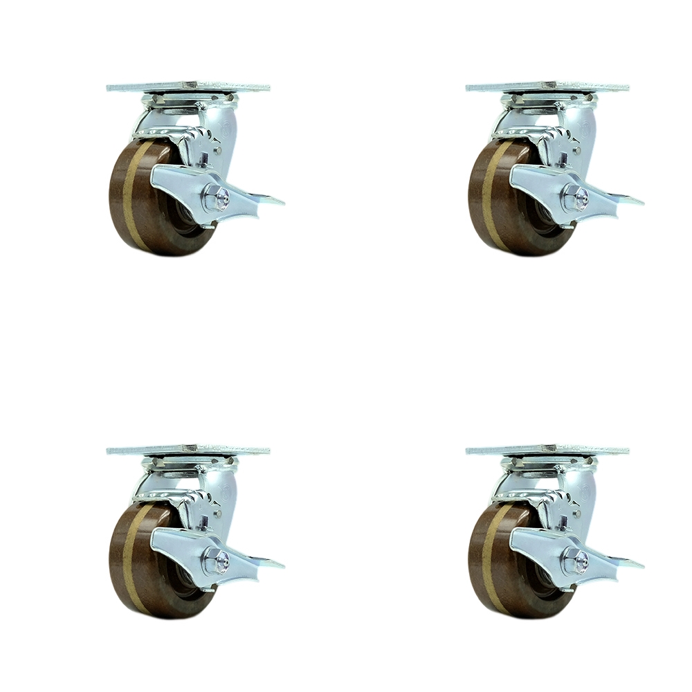 SCC-30CS420-PHBZHT-TLB-4 Heavy Duty Swivel Caster with 4 in. High Temperature Phenolic Wheels & Bronze Bearings - 3200 lbs Total Capacity - Set of 4