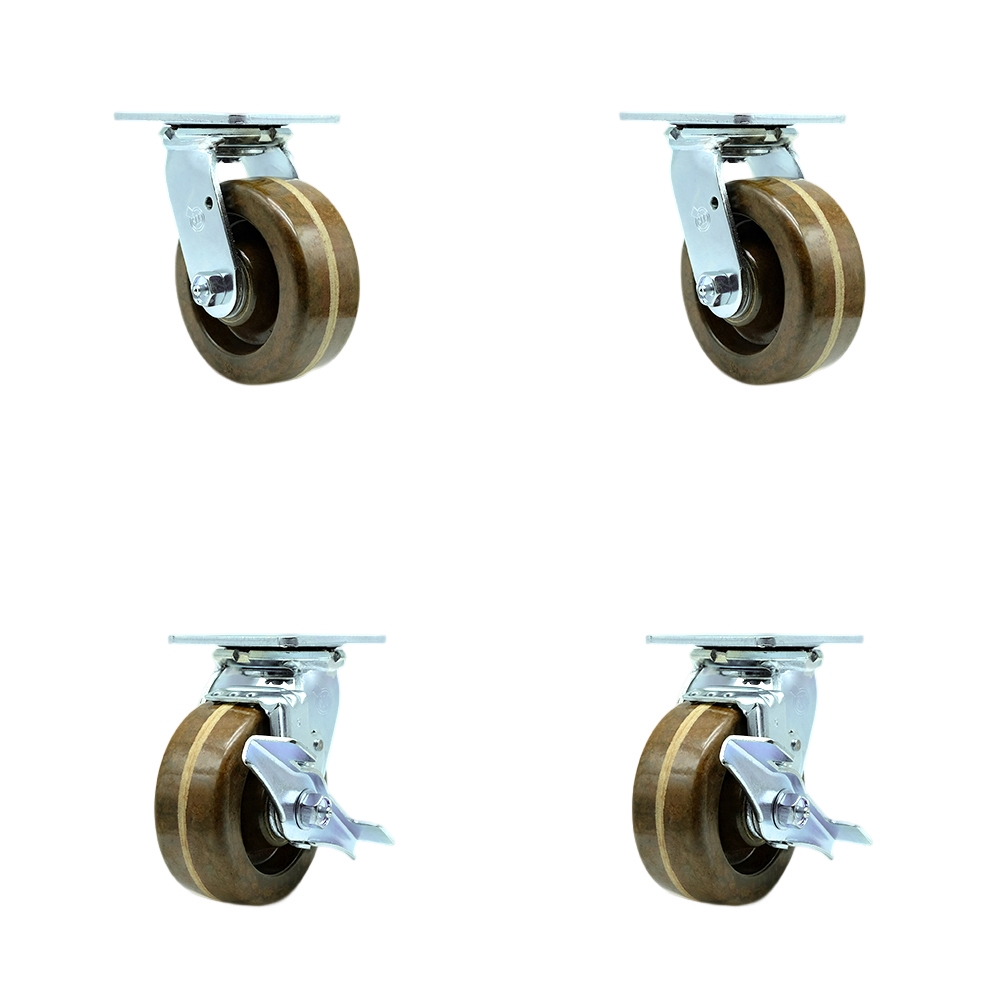 Heavy Duty Swivel Caster with 5 in. High Temperature Phenolic Wheels & Bronze Bearings - 4000 lbs Total Capacity - Set of 4