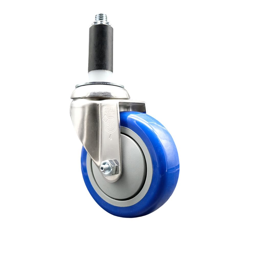 Polyurethane Swivel Stem Caster with 4 in. Blue Caster Wheels, 1.13 in. Expanding Stem - 316 Stainless Steel Caster