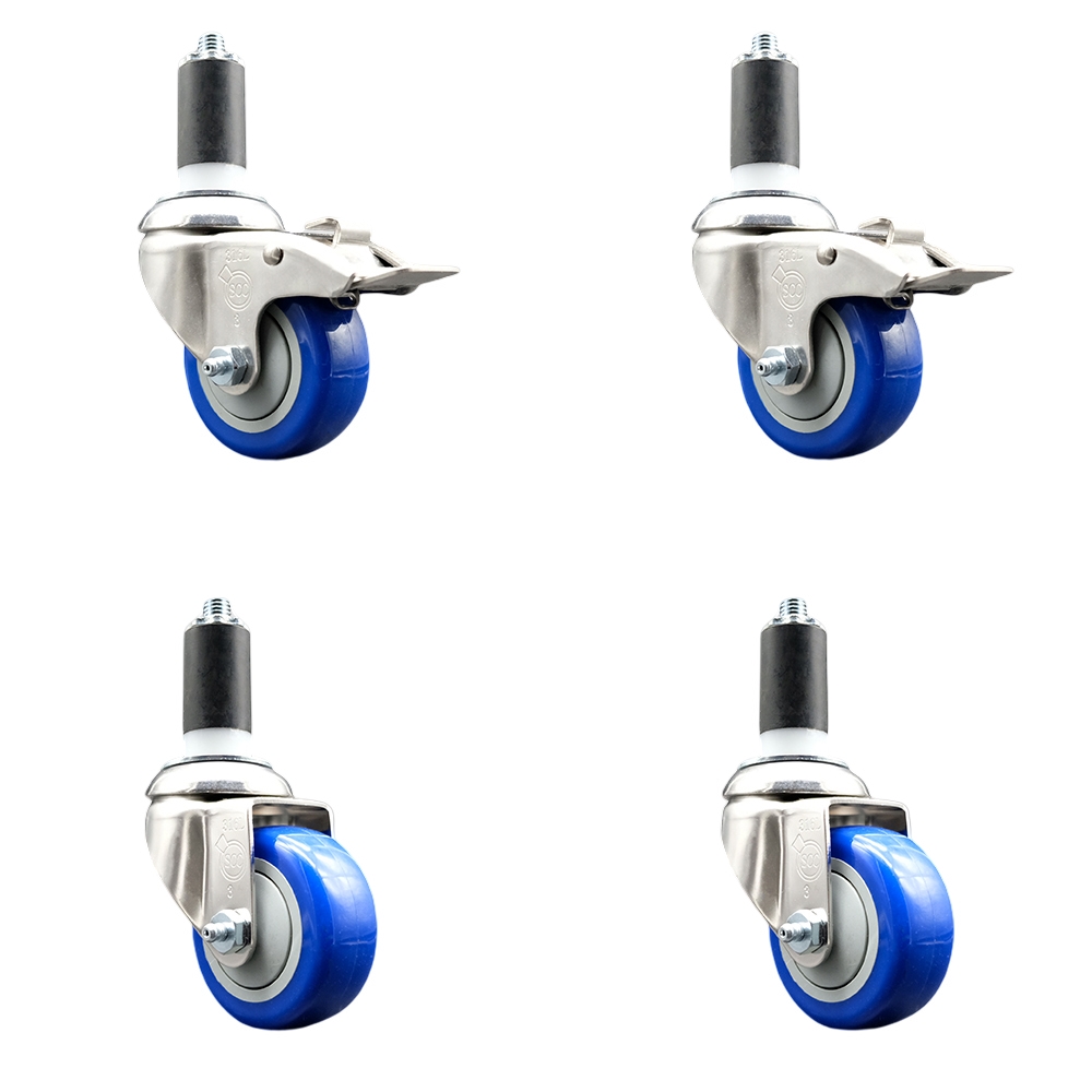 Polyurethane Swivel Stem Caster with 3 in. Blue Caster Wheels, 1.38 in. Expanding Stem - 316 Stainless Steel Casters - Set of 4