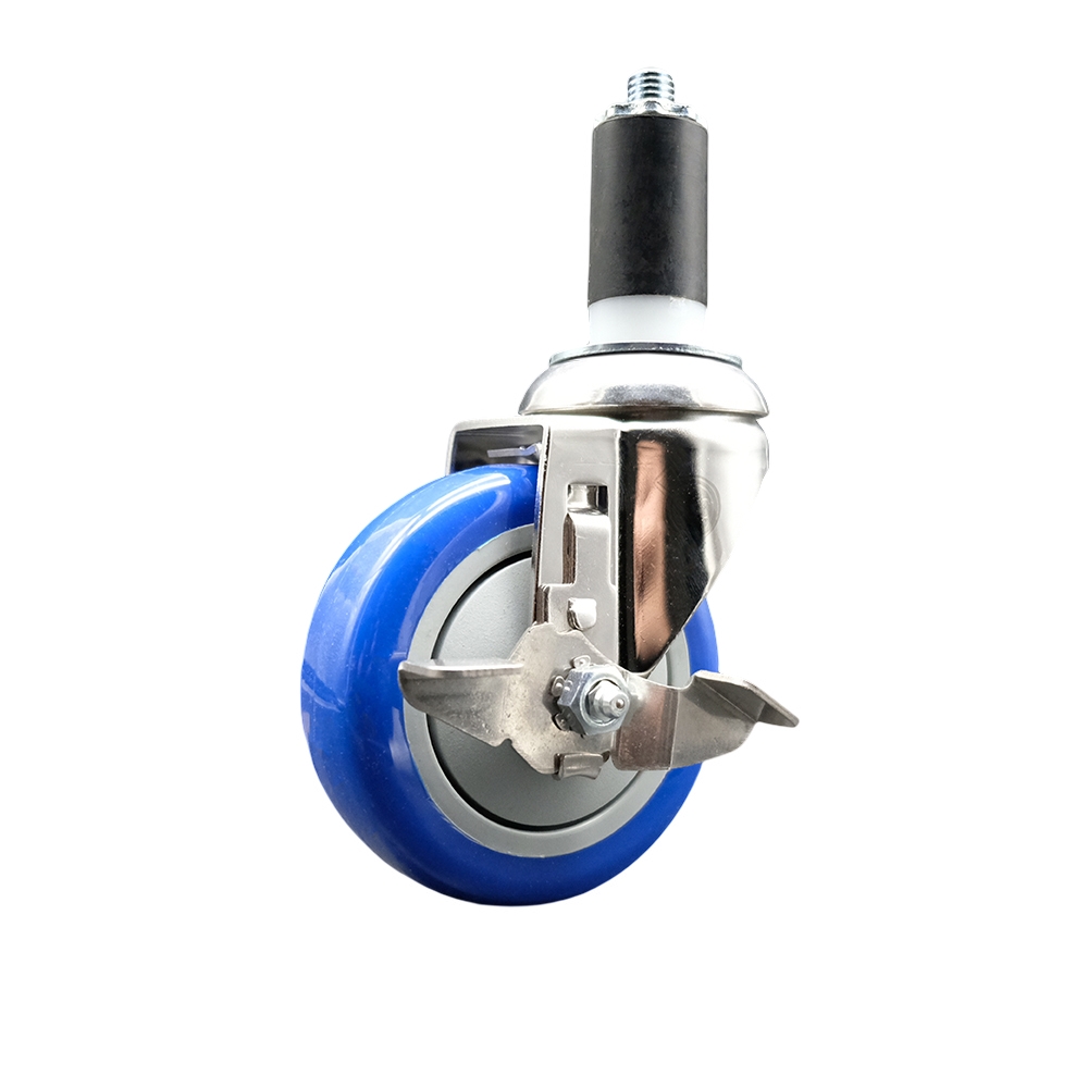 Polyurethane Swivel Stem Caster with 4 in. Blue Caster Wheels & Top Lock Brake, 1.38 in. Expanding Stem - 316 Stainless Steel Caster