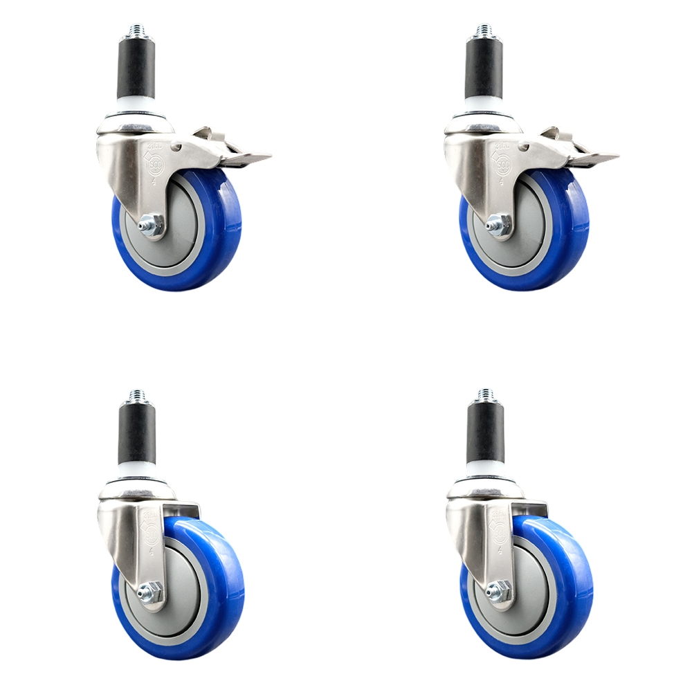 Polyurethane Swivel Stem Caster with 4 in. Blue Caster Wheels, 1.38 in. Expanding Stem - 316 Stainless Steel Casters - Set of 4