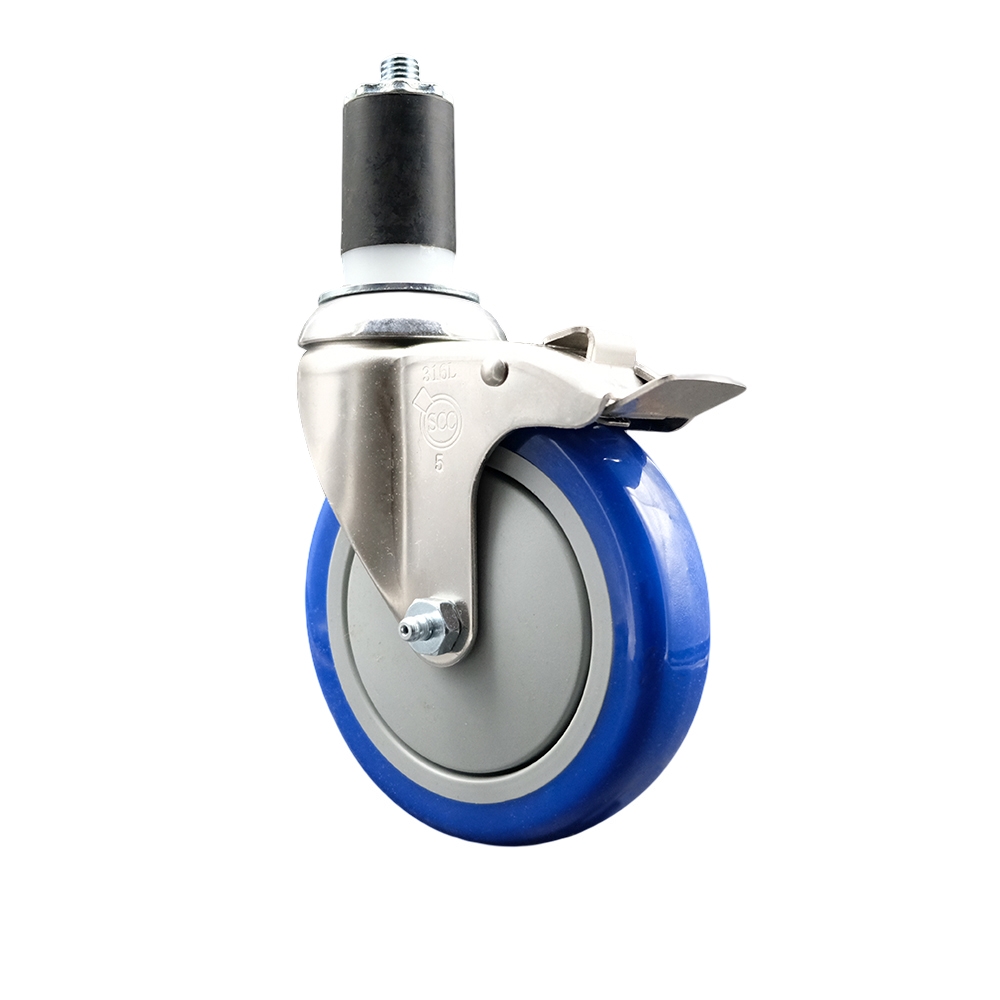 Polyurethane Swivel Stem Caster with 5 in. Blue Caster Wheels & Total Lock Brake, 1.5 in. Expanding Stem - 316 Stainless Steel Caster