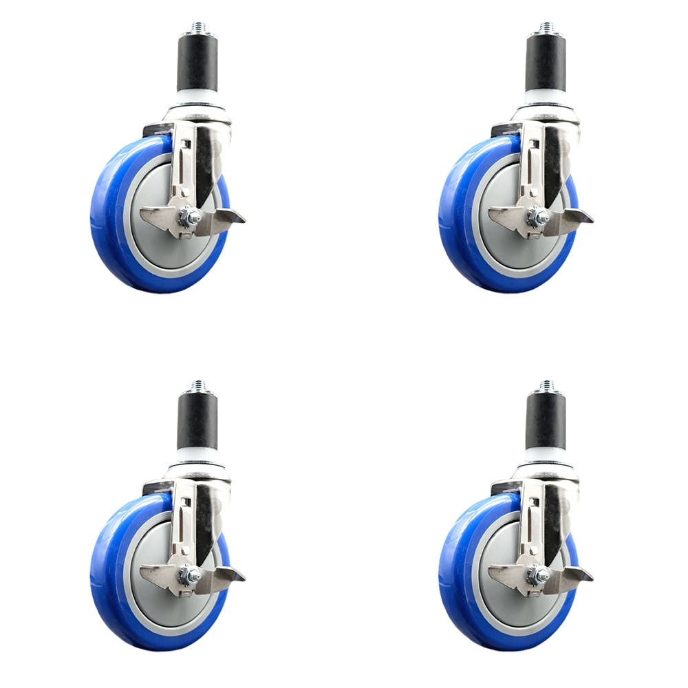 Polyurethane Swivel Stem Caster with 5 in. Blue Caster Wheels, 1.5 in. Expanding Stems - 316 Stainless Steel Casters - Set of 4