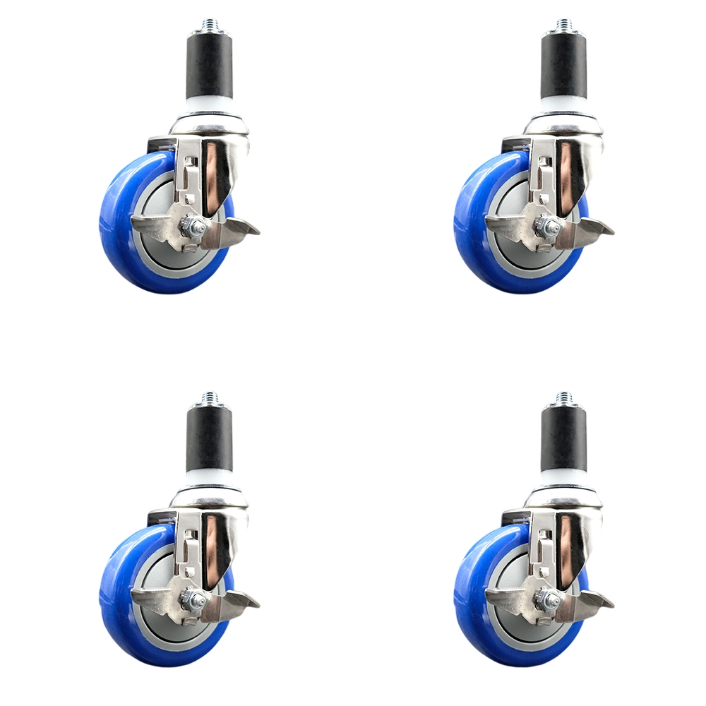 Polyurethane Swivel Stem Caster with 4 in. Blue Caster Wheels, 1.63 in. Expanding Stems - 316 Stainless Steel Casters - Set of 4