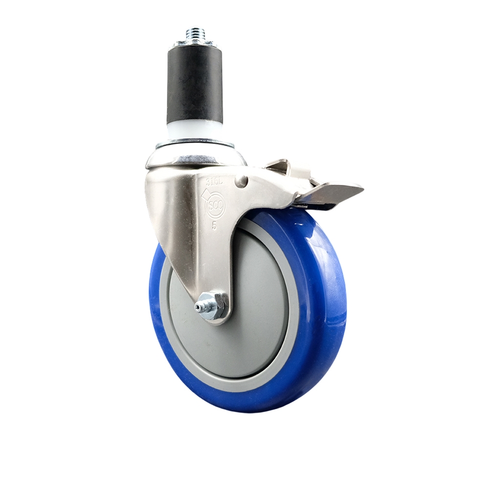 Polyurethane Swivel Stem Caster with 5 in. Blue Caster Wheels & Total Lock Brake, 1.63 in. Expanding Stem - 316 Stainless Steel Caster