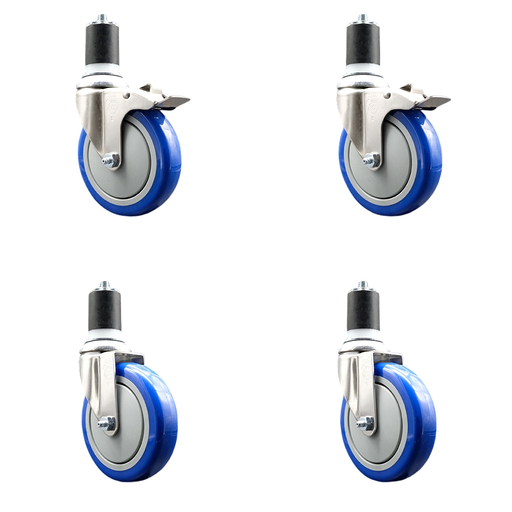 Polyurethane Swivel Stem Caster with 5 in. Blue Caster Wheels, 1.75 in. Expanding Stem - 316 Stainless Steel Casters - Set of 4