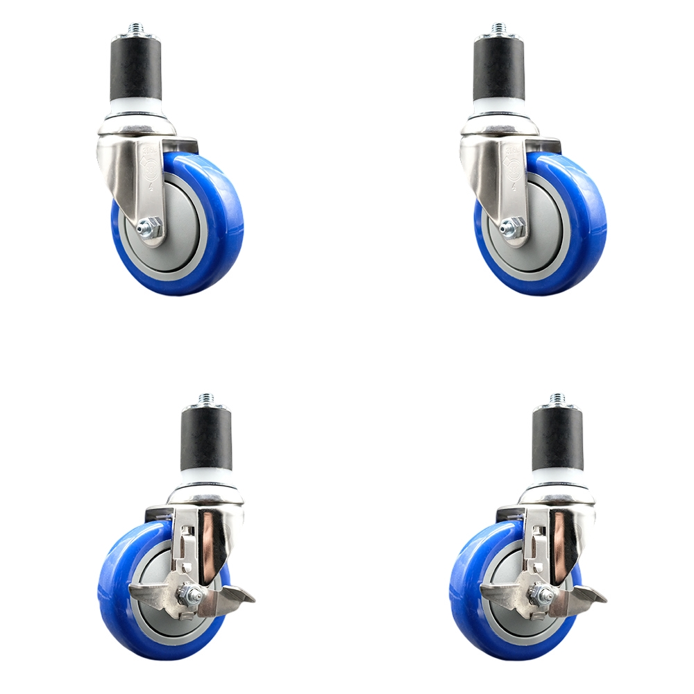 Polyurethane Swivel Stem Caster with 4 in. Blue Caster Wheels, 1.87 in. Expanding Stems - 316 Stainless Steel Casters - Set of 4