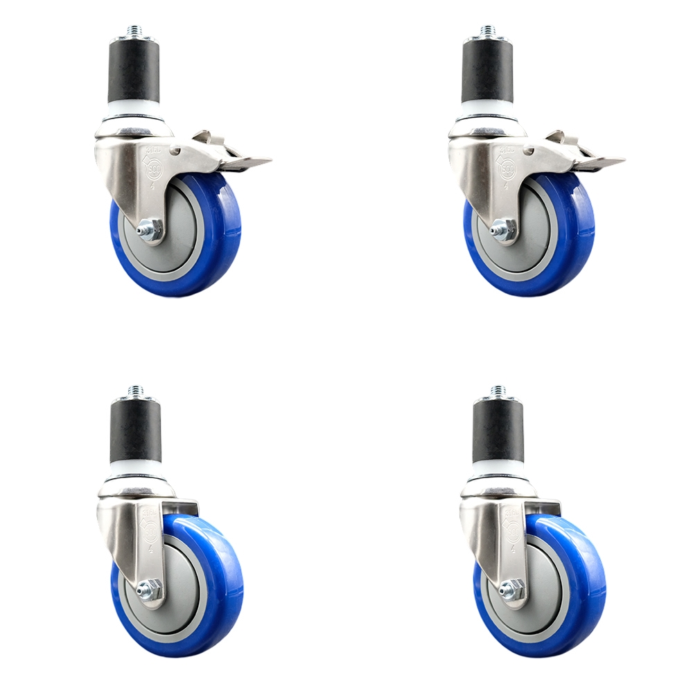 Polyurethane Swivel Stem Caster with 4 in. Blue Caster Wheels, 1.87 in. Expanding Stem - 316 Stainless Steel Casters - Set of 4