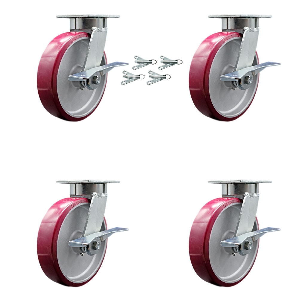 Heavy Duty Kingpinless Swivel Caster with 8 in. Polyurethane on Aluminum Wheels & Ball Bearings - Set of 4