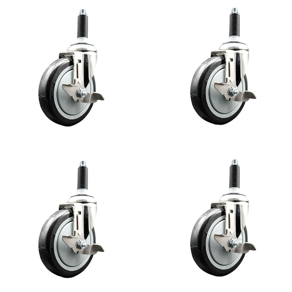 Polyurethane Swivel Stem Caster with 5 in. Black Caster Wheels, 0.75 in. Expanding Stems - 316 Stainless Steel Casters - Set of 4
