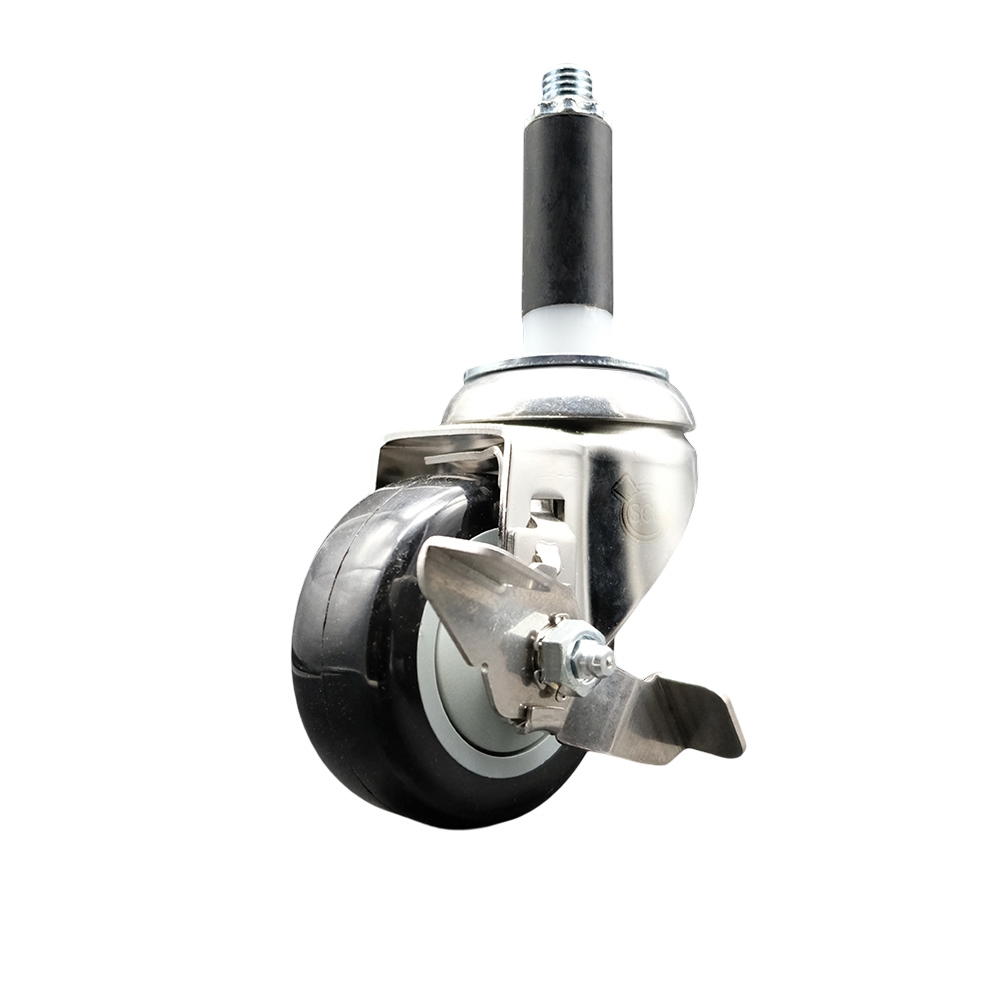 Polyurethane Swivel Stem Caster with 3.5 in. Black Caster Wheels & Top Lock Brake, 0.87 in. Expanding Stem - 316 Stainless Steel Caster